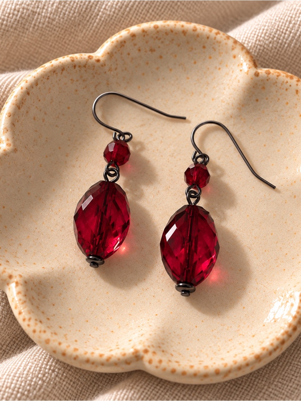 Ruby red beaded dangle earrings